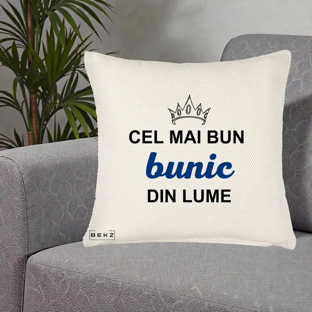 Cadou pentru Bunic - Perna Personalizata Cel Mai Bun Bunic Din Lume Coroana Albastra, 40x40 cm, Crem Reliefat, Husa Detasabila, Perna Inclusa, BEKZ®