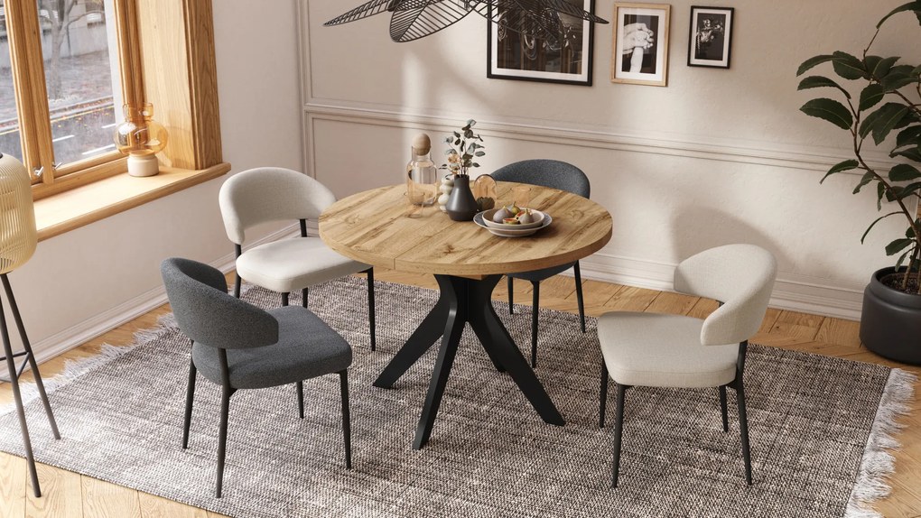 Mazzoni RENZO Stejar Wotan/picior negru - MASĂ ROTUNDĂ Ø110 EXTENSIBILĂ PÂNĂ LA 180 cm | PENTRU BUCĂTĂRIE SUFRAGERIE LIVING RETRO