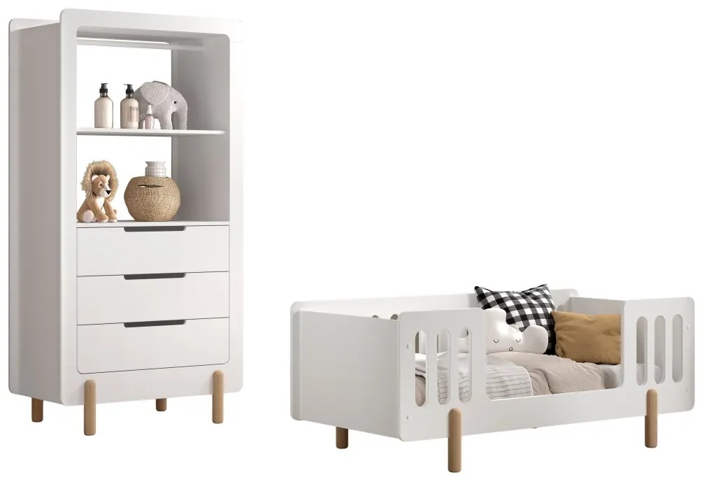 Set mobilier pentru copii mici SMILE, alb, pat 70 x 140 cm cu balustradă de protecție și dulap cu baretă pentru haine și 3 sertare – Vipack