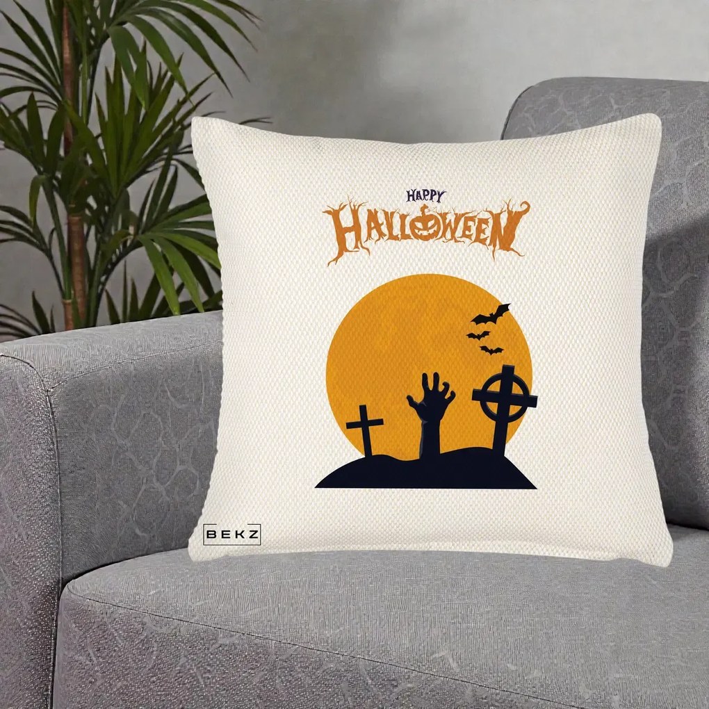 Perna Decorativa Happy Halloween Cimitir cu Luna, 40x40 cm, Crem Reliefat, Husa Detasabila, Perna Inclusa, BEKZ®