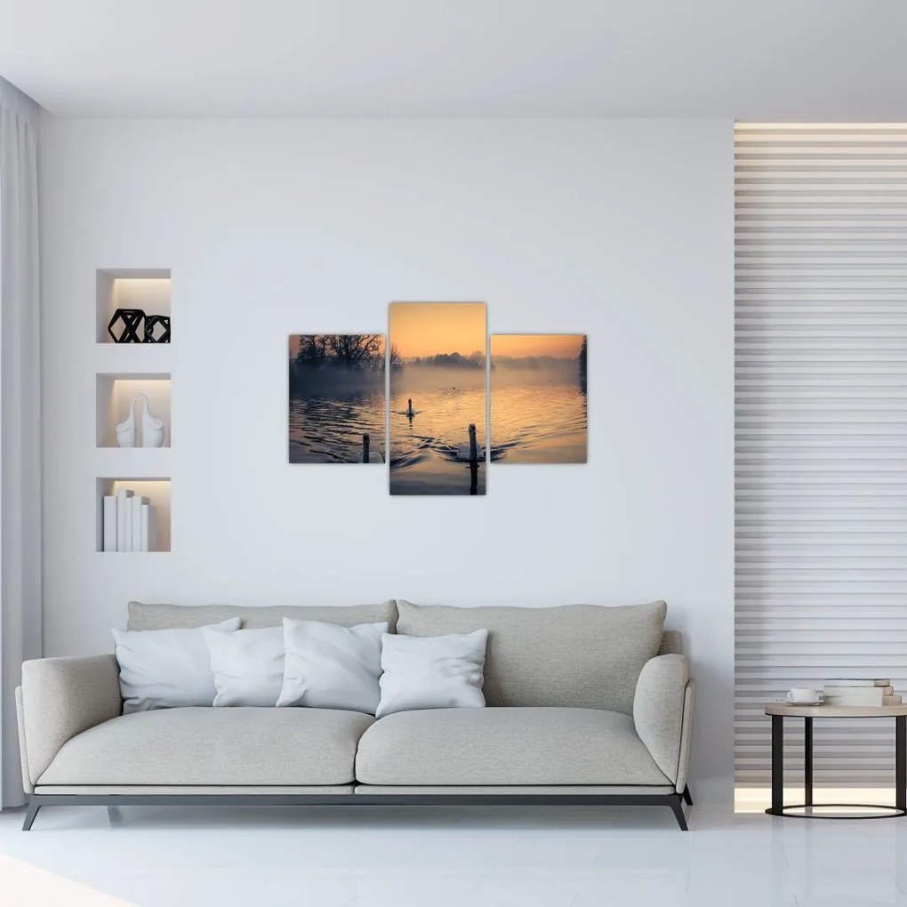 Tablou cu lebăde pe apă în ceață (90x60 cm)