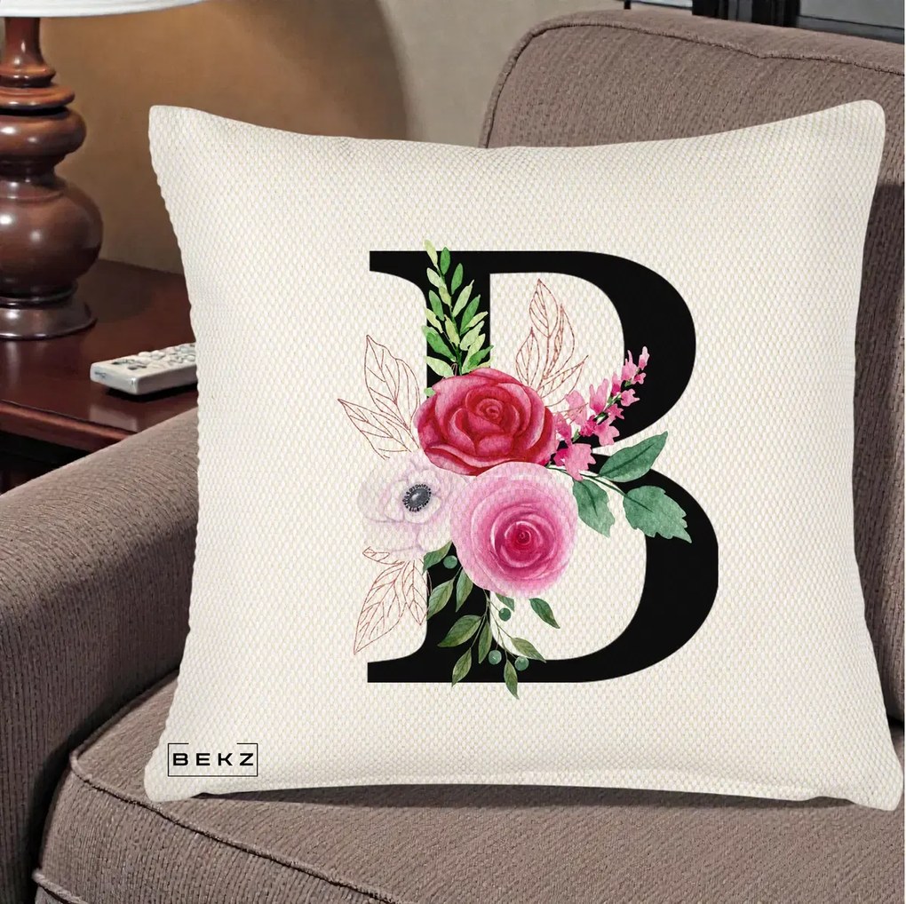 Cadou Personalizat - Perna Personalizata Monograma Florala Litera B, 40x40 cm, Crem Reliefat, Husa Detasabila, Perna Inclusa, BEKZ®