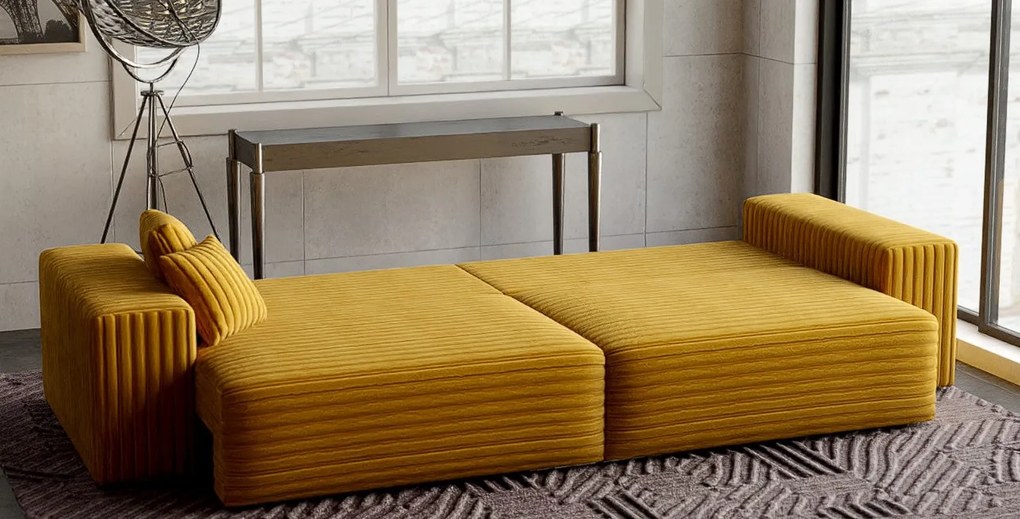 Canapea extensibilă dumonde cu ladă de depozitare si sezut confortabil din spuma high-density, Marbela Ambience Mustar XXL 295x100 cm