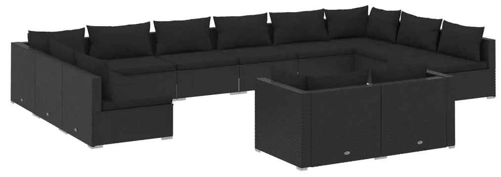 Set mobilier de grădină cu perne, 12 piese, negru, poliratan