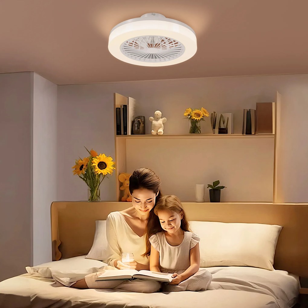 HOMCOM Ventilator de Tavan cu Lumină LED Reglabilă, 6 Viteze și Flux Reversibil, Ventilator din Plastic și Acril, Ø46x16 cm, Alb | Aosom Romania