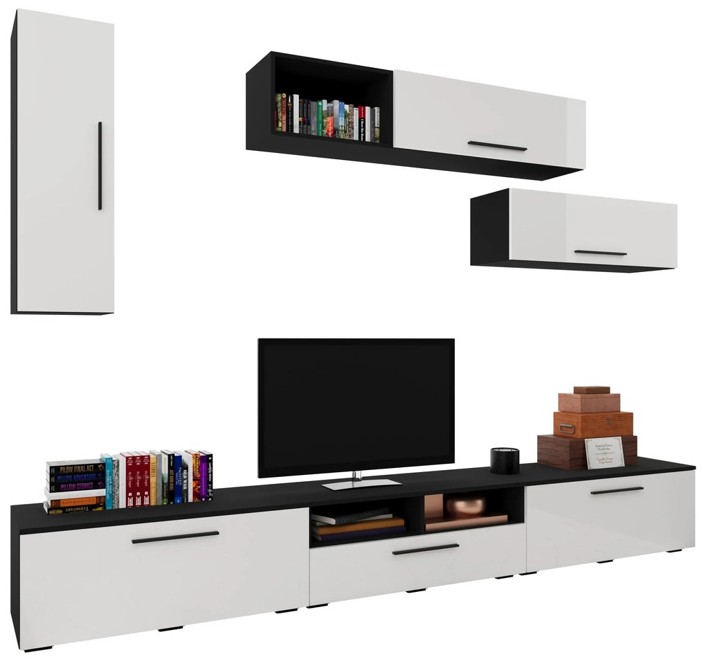 Living Kos V19, Negru/Alb Lucios, MDF, L 285 cm