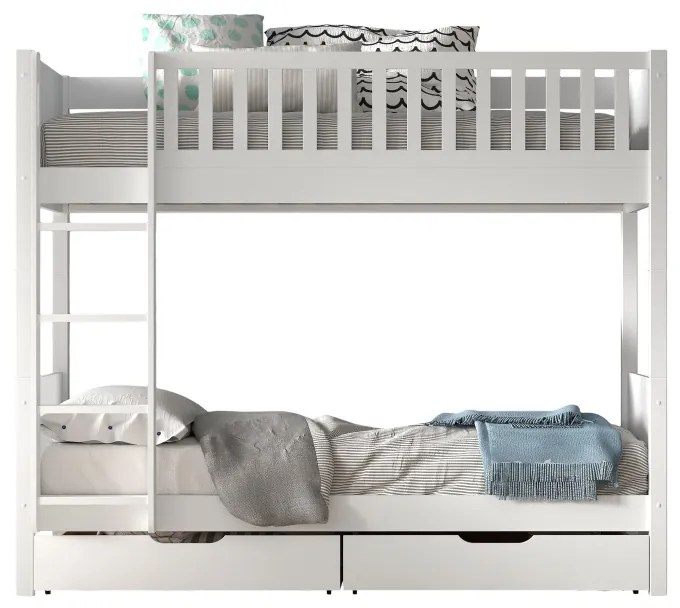 Pat supraetajat pentru copii SCOTT, alb, 90 x 200 cm, din pin scandinav și MDF, cu somiere incluse și 2 sertare pentru depozitare – Vipack