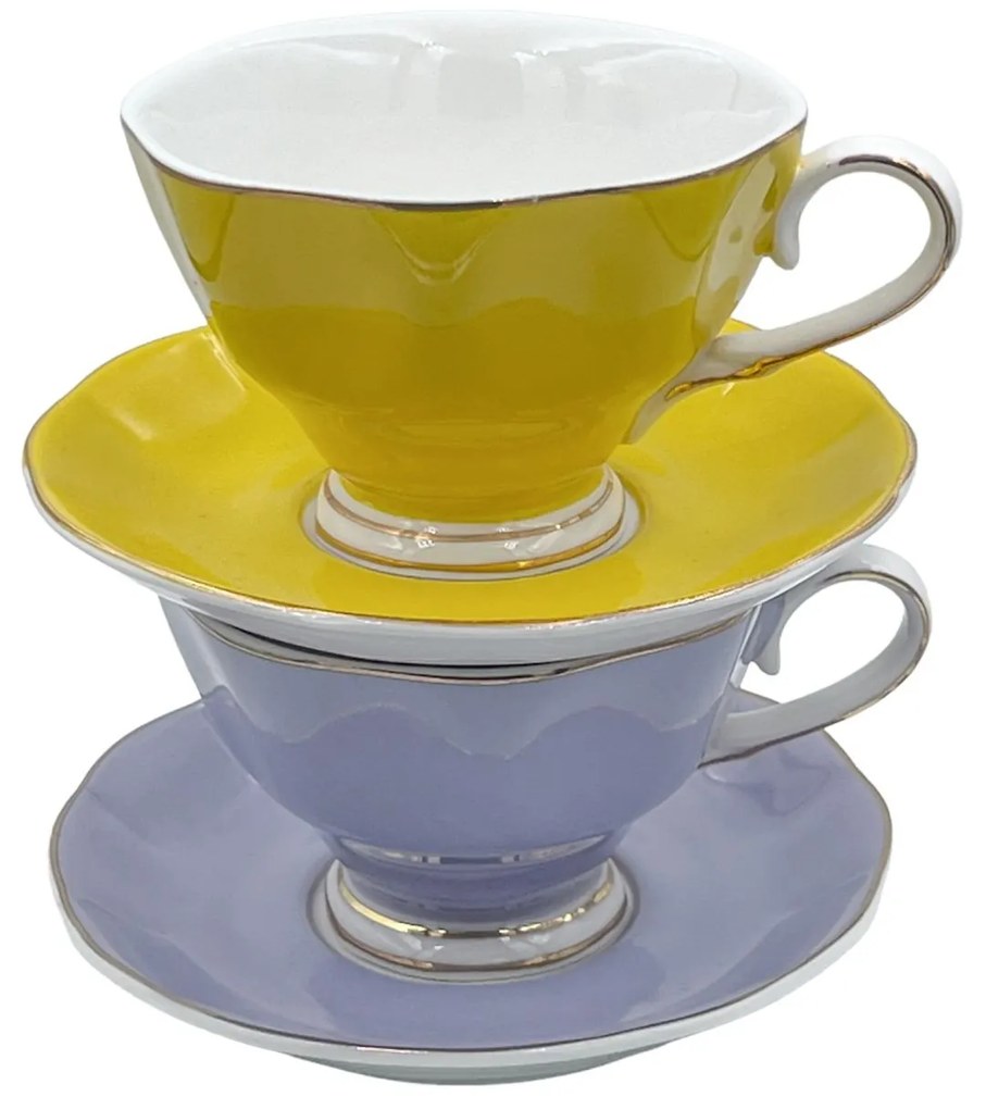 Set 2 Cesti cu farfurii pentru cafea si ceai, Portelan, Galben cu Lila, 200 ml