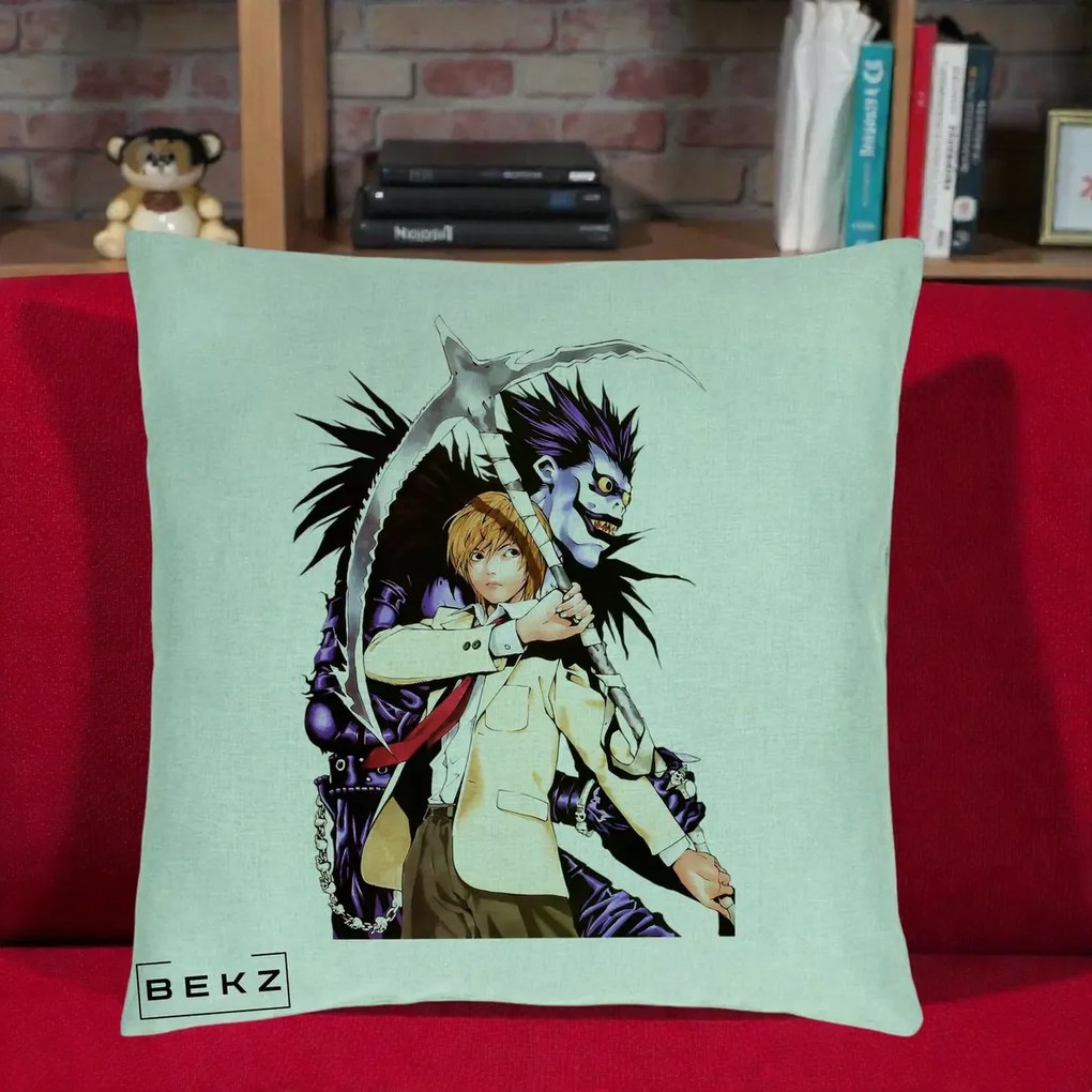 Perna Personalizata Death Note Light si Ryuk Duo, 40x40 cm, Verde Menta, Husa Detasabila, Perna Inclusa, BEKZ®