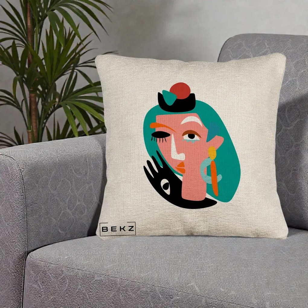 Perna Decorativa Portret Abstract Matisse Turcoaz, 40x40 cm, Bej Canapea, Husa Detasabila, Perna Inclusa, BEKZ®