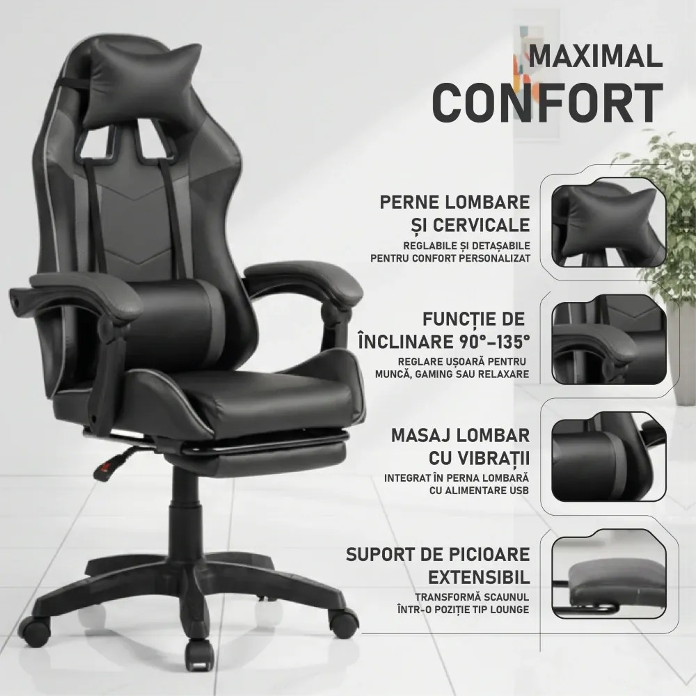 Scaun gaming, masaj în perna lombară, suport picioare, PU, Negru/Gri