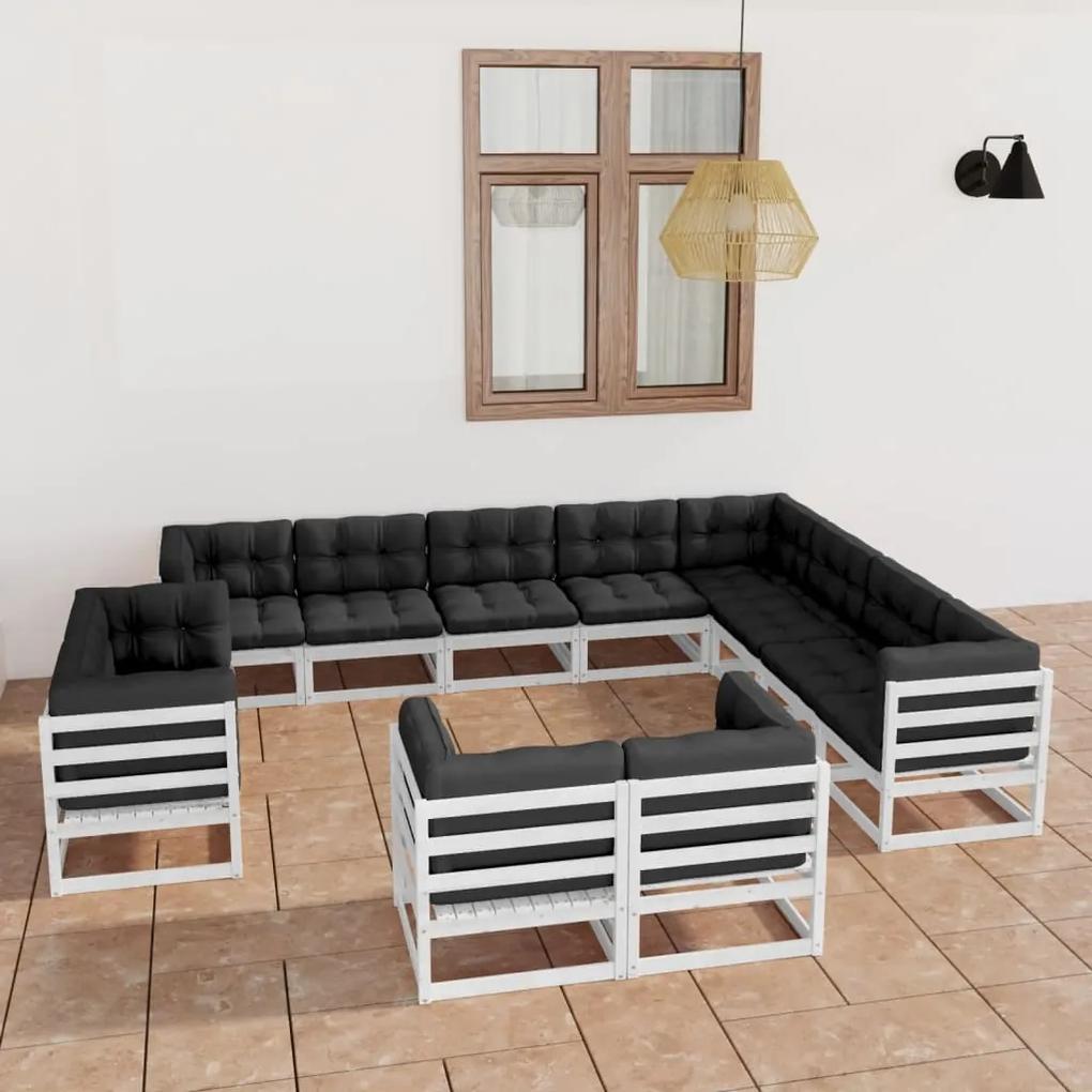3077005 vidaXL Set mobilier de grădină cu perne, 12 piese, alb, lemn masiv pin
