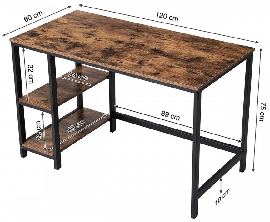 Birou de Studiu cu 2 Rafturi, PAL Melaminat, Maro / Negru, Vasagle, LWD47X
