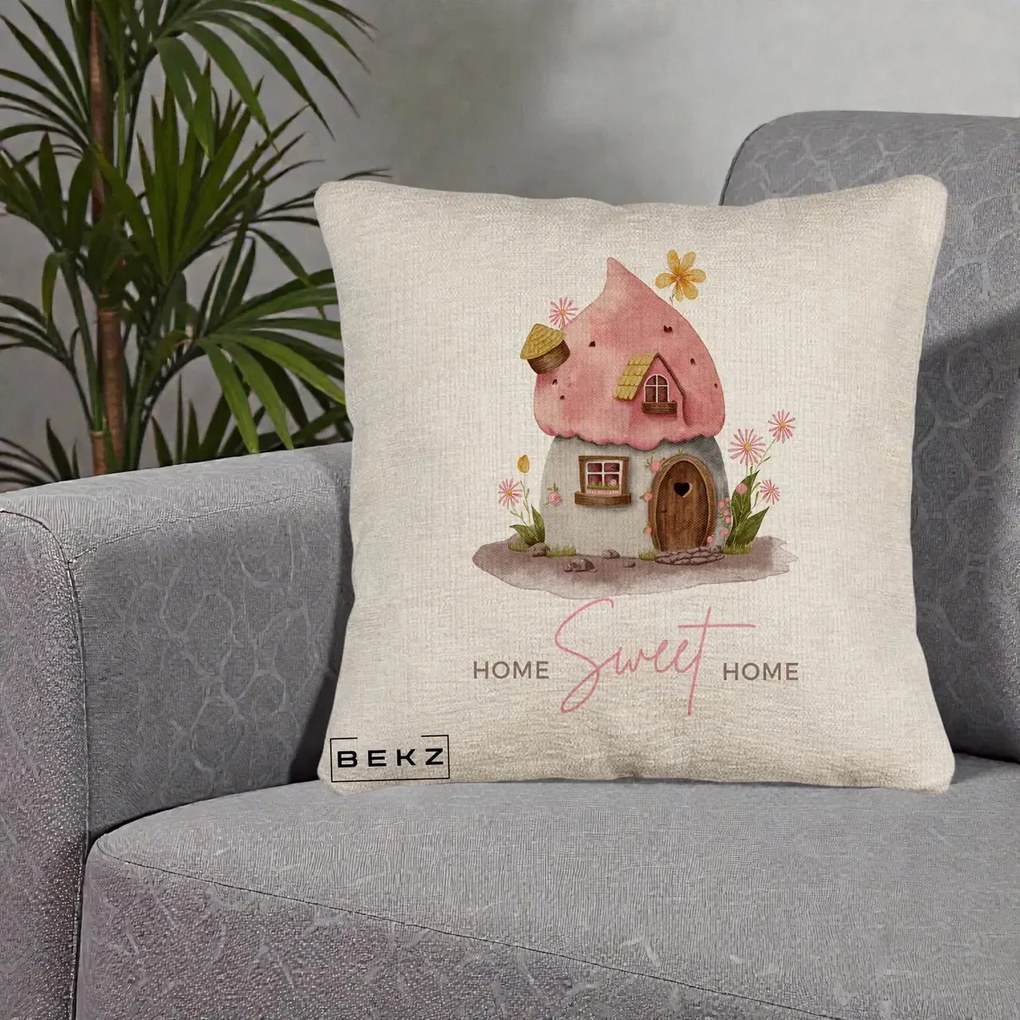 Perna Decorativa Home Sweet Home Casuta, 40x40 cm, Bej Canapea, Husa Detasabila, Perna Inclusa, BEKZ®