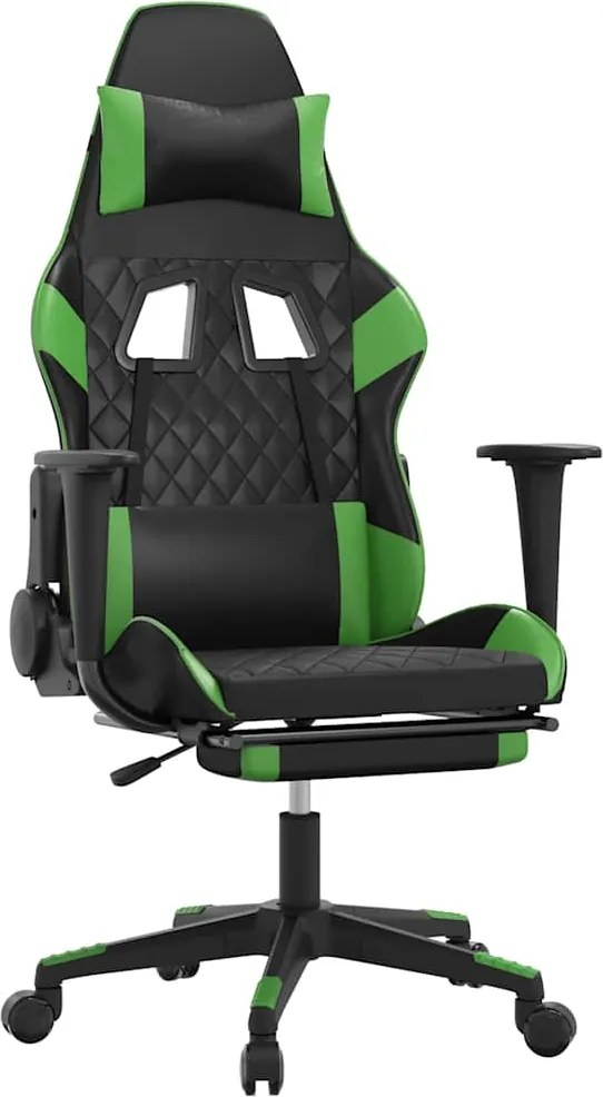 vidaXL Scaun gaming de masaj/suport picioare, negru/verde, piele eco