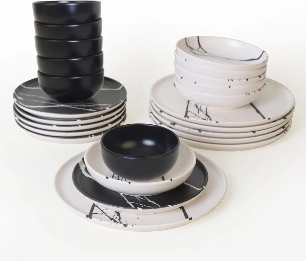 Set de cina 275KRM2337, 24 piese, alb/negru, ceramica