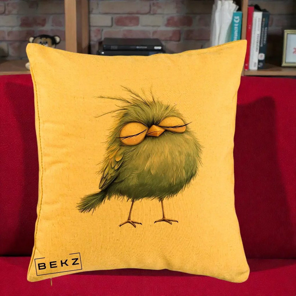 Perna Decorativa Pasare Teal Adormita cu Ochi Galbeni, 40x40 cm, Galben, Husa Detasabila, Perna Inclusa, BEKZ®