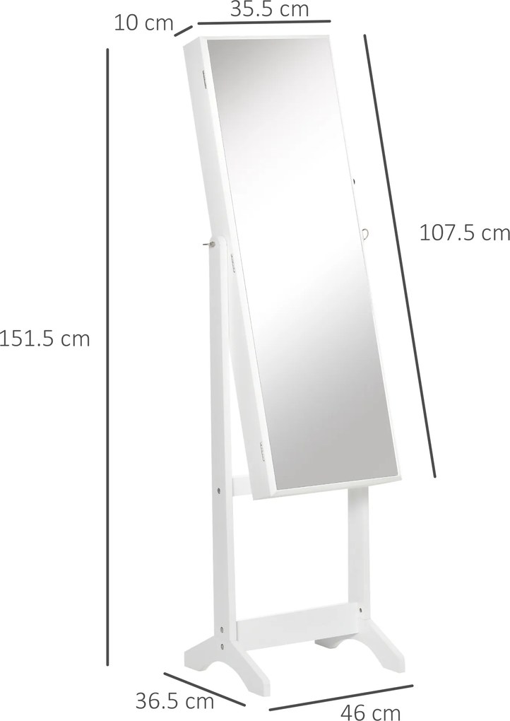 HOMCOM Oglindă Portbijuterii, Dulap Portbijuterii cu Unghi Reglabil, Organizator pentru Inele, Coliere, Cercei, Încuietoare cu Cheie, pentru Dormitor, Living, 46x36.5x151.5cm, Alb | Aosom Romania