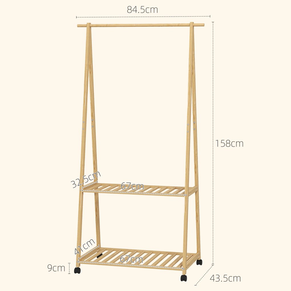 HOMCOM Suport pentru Haine din Bambus cu Roți 2 Rafturi Deschise și 2 Găuri 84,5x43,5x158 cm Natural | Aosom Romania