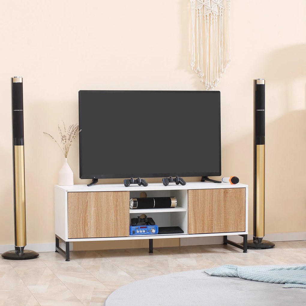 HOMCOM Suport TV pentru modele de pana la 50" Max, PAL modern si suport TV din otel cu 2 rafturi deschise si 2 dulapuri inchise, 120x39,5x45cm | Aosom Romania