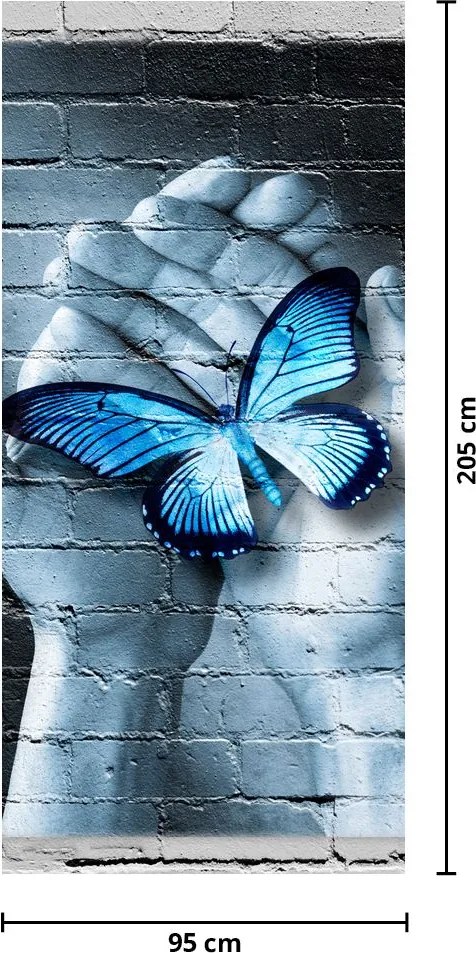 Fototapet pentru ușă - Fluture albastru pe perete (95x205cm)