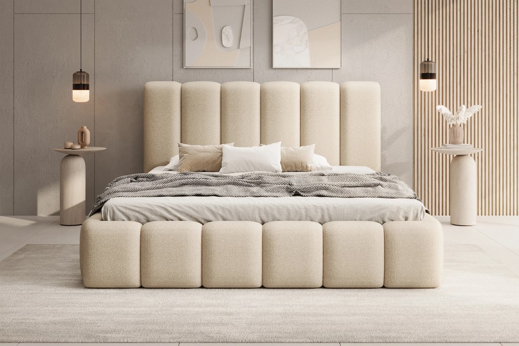 Pat tapițat Aura 160x200 cu spațiu depozitare - bouclé bej deschis Quelle 02