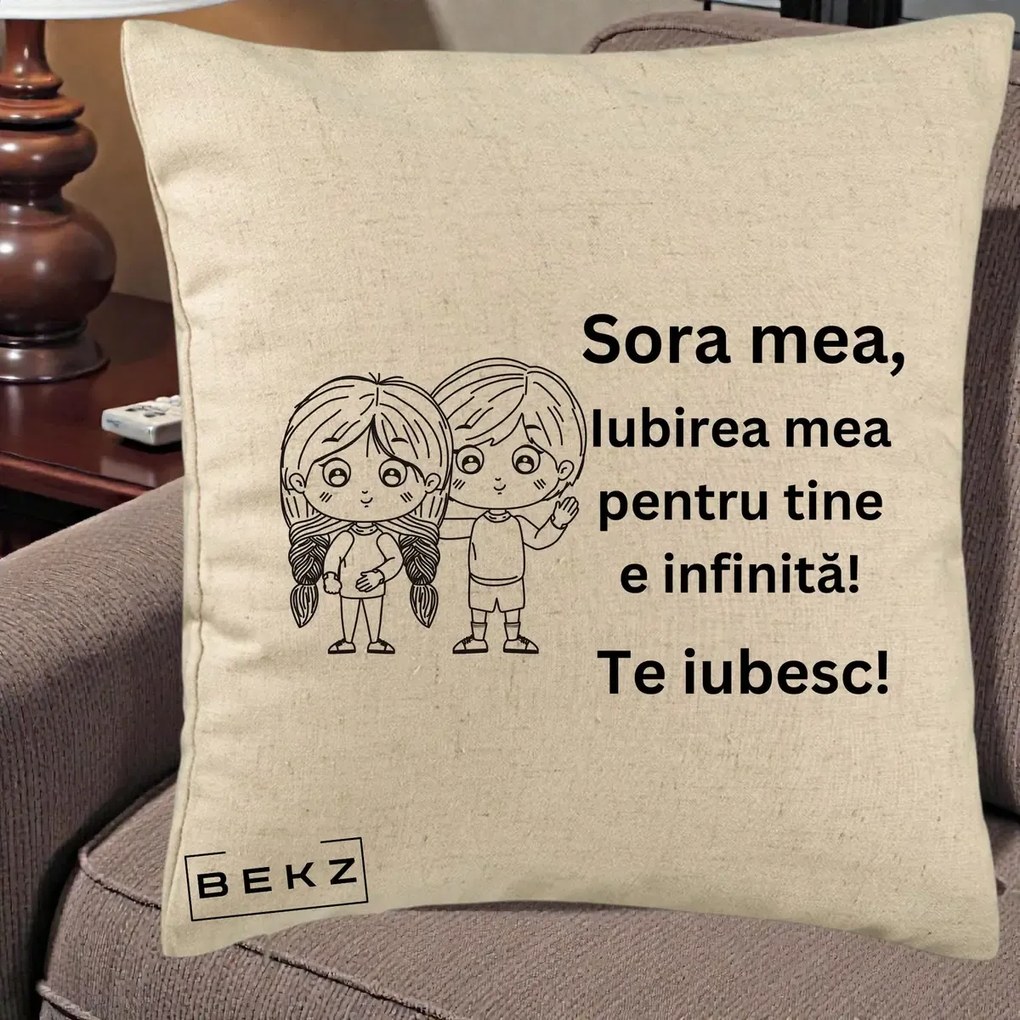 Cadou pentru Sora - Perna Personalizata Sora Mea Te Iubesc Copii Anime Line Art, 40x40 cm, Bej, Husa Detasabila, Perna Inclusa, BEKZ®