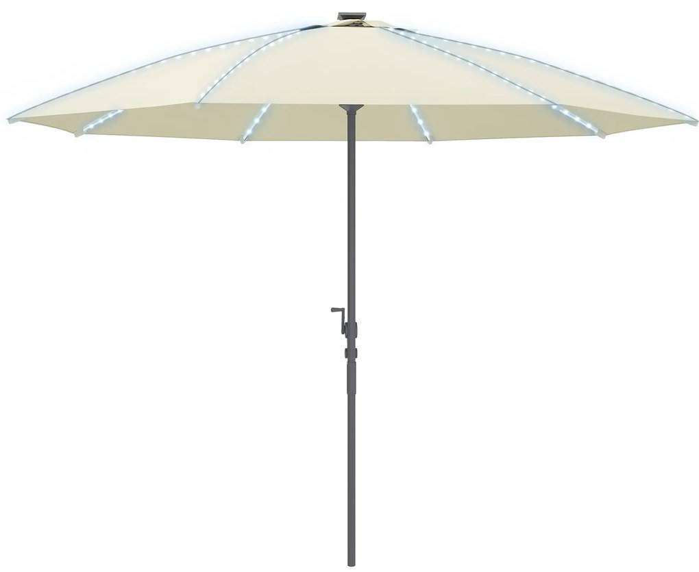 Outsunny Umbrelă Terasă Exterioară cu Lumini LED Protecție UV50+ Stâlp din Aluminiu Manivelă Acoperiș Ventilat Ø300x256 cm Crem | Aosom Romania