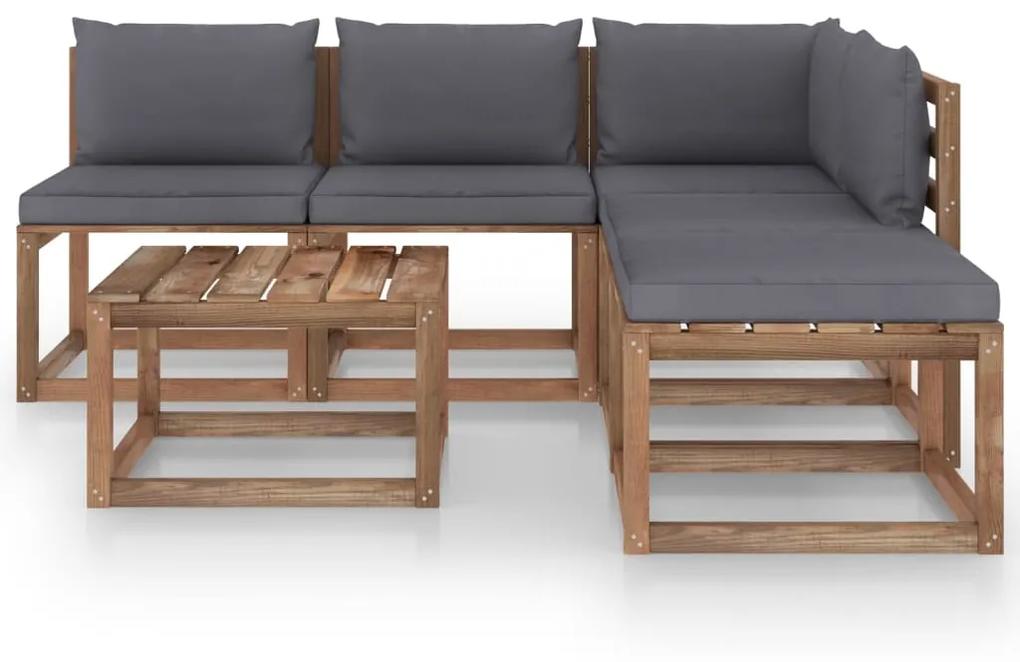 Set mobilier gradina paleti, cu perne, 6 piese, lemn pin tratat Antracit, colt + 3x mijloc + 2x masa, 1