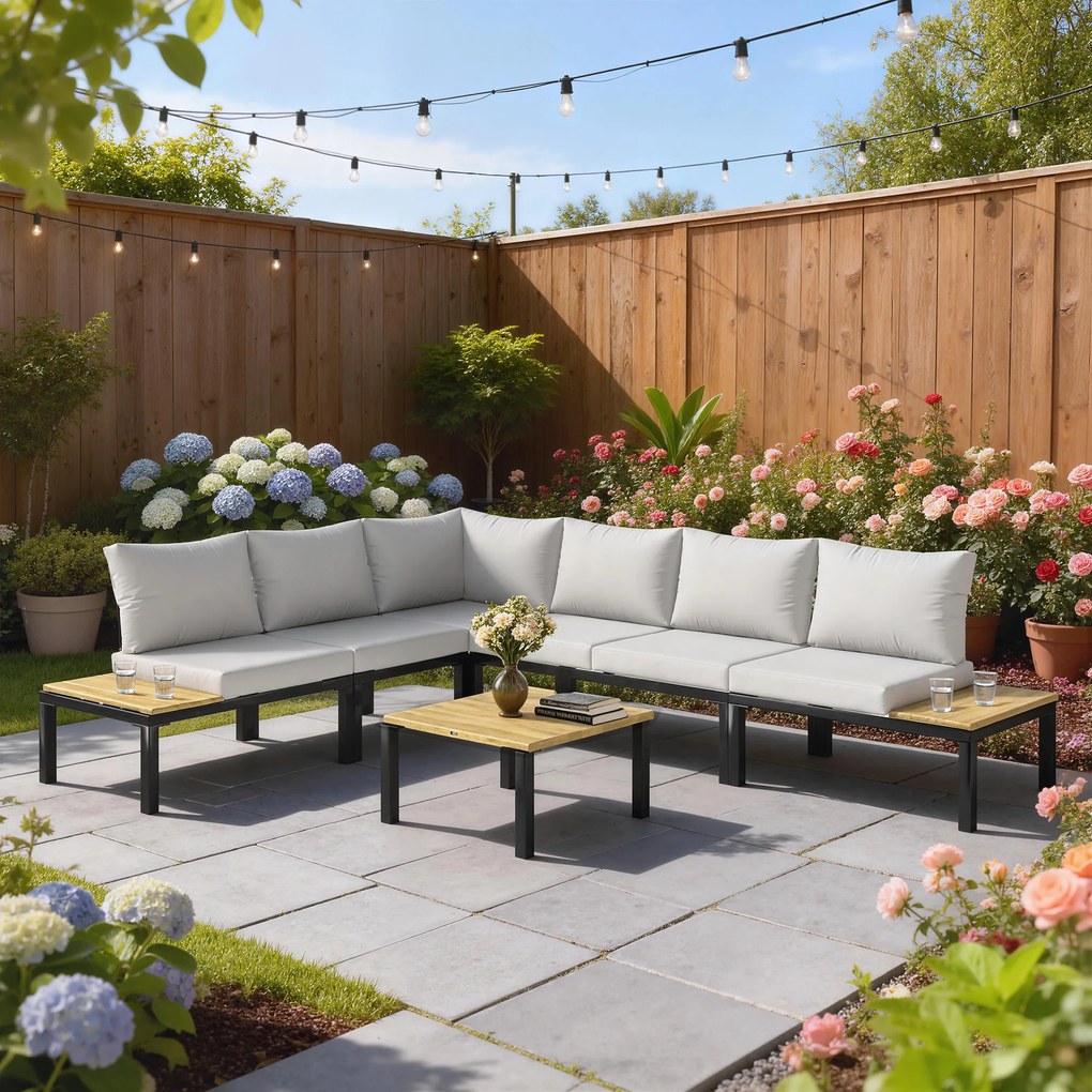 Outsunny Set de grădină modular 6 piese Set canapea exterior transformabil într-un pat Masă de cafea și măsuțe laterale Gri | Aosom Romania