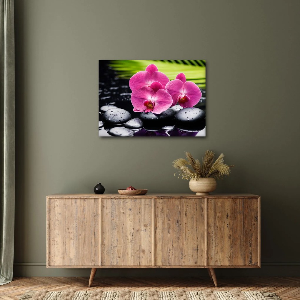 Tablou - Orhidee roz cu frunze de palmier (70x50 cm)