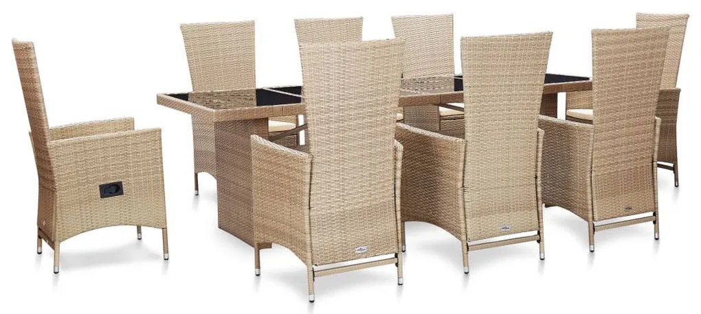 vidaXL Set mobilier de exterior cu perne, 9 piese, bej, poliratan