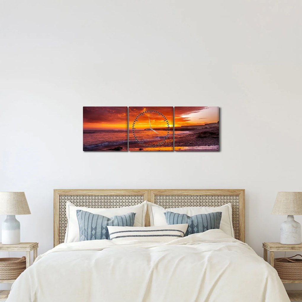 Tablou cu apus de soare la mare (cu ceas) (90x30 cm)