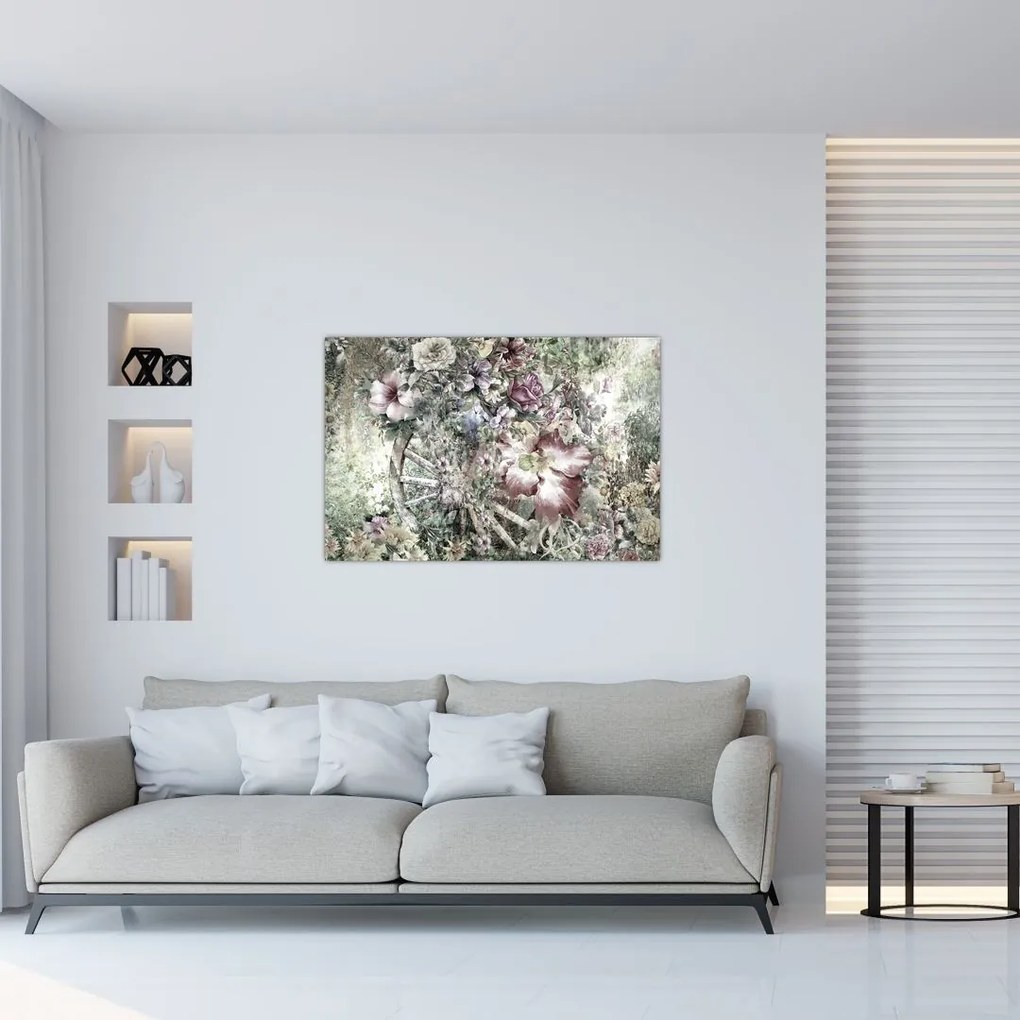 Tablou - Flori pe roata de lemn (90x60 cm)