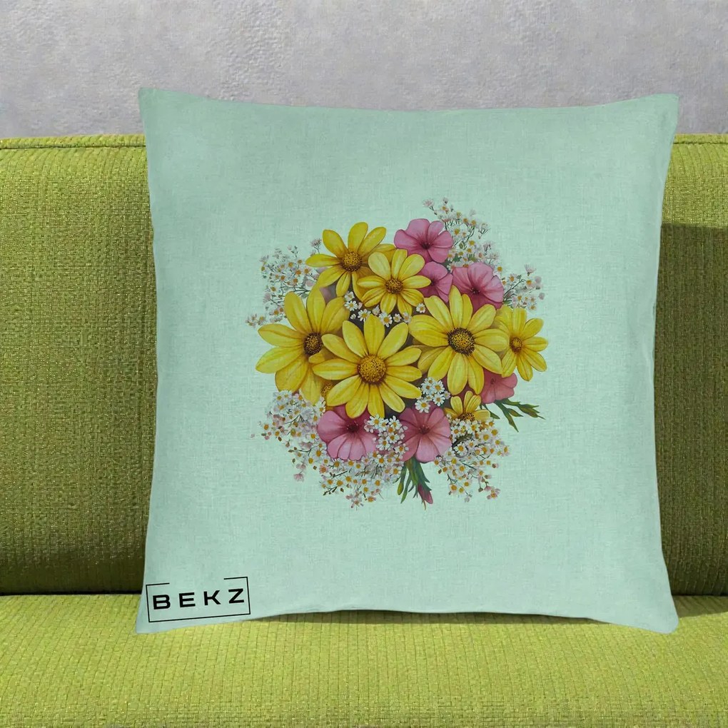 Perna Decorativa Floarea-Soarelui cu Cosmos Roz si Gypsophila, 40x40 cm, Verde Menta, Husa Detasabila, Perna Inclusa, BEKZ®