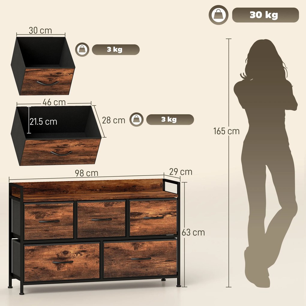 HOMCOM Comodă, mobilier de depozitare cu 5 sertare pliabile din țesătură, blat și cadru din oțel, 98 x 29 x 63 cm, maro rustic | Aosom Romania