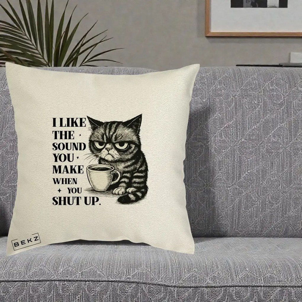 Perna Decorativa I Like the Sound You Make Pisica, 40x40 cm, Ecru, Husa Detasabila, Perna Inclusa, BEKZ®