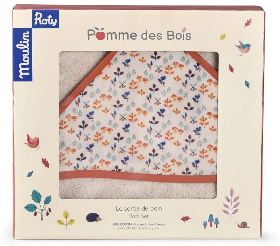 Prosop pentru copii din bumbac crem cu glugă 80x80 cm Pomme des Bois - Moulin Roty