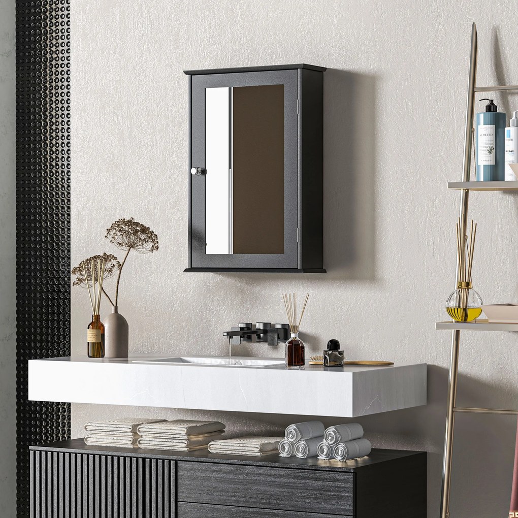 kleankin Mobilier de Baie Dulap Suspendat cu Oglindă 41x14x60cm Negru | Aosom Romania
