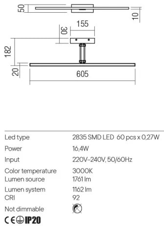 Aplică LED pentru tablouri LINEAR Redo 01-3462 LED/8W/230V 60,5 cm CRI 92 alb