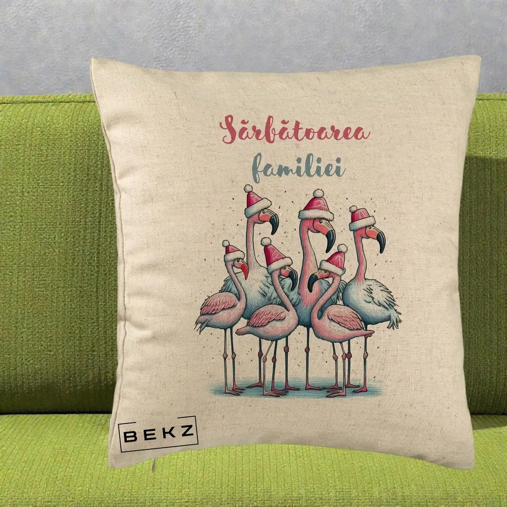 Perna Decorativa Flamingo Craciun Sarbatoarea Familiei, 40x40 cm, Bej, Husa Detasabila, Perna Inclusa, BEKZ®