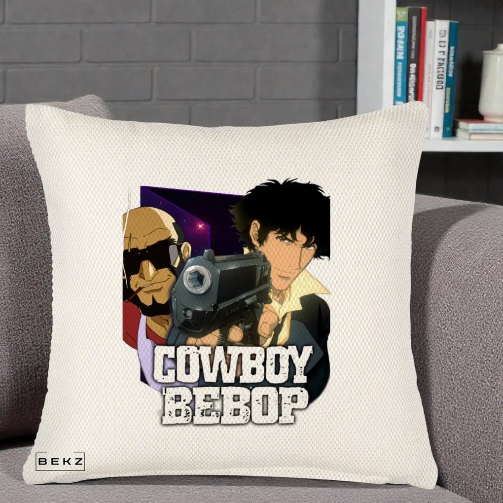 Perna Personalizata Cowboy Bebop Spike si Jet Poster, 40x40 cm, Crem Reliefat, Husa Detasabila, Perna Inclusa, BEKZ®