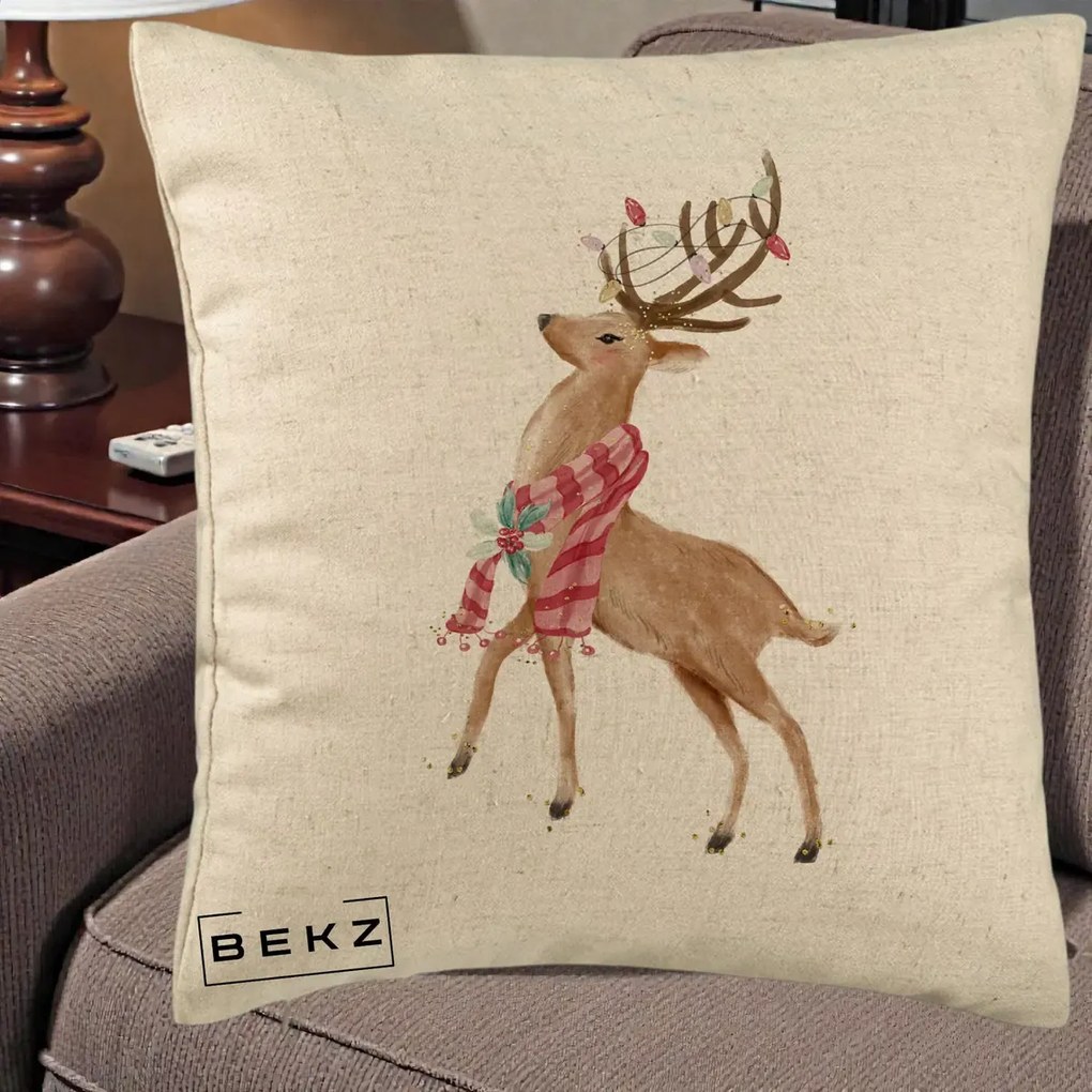 Perna Decorativa Renita cu Fular si Luminite, 40x40 cm, Bej, Husa Detasabila, Perna Inclusa, BEKZ®
