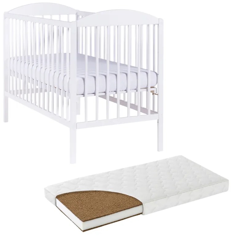Patut din lemn masiv 120x60 cm Kidizi Orella alb si saltea cocos LUX 120x60x12 cm, reglabil pe 3 nivele, certificat EN71