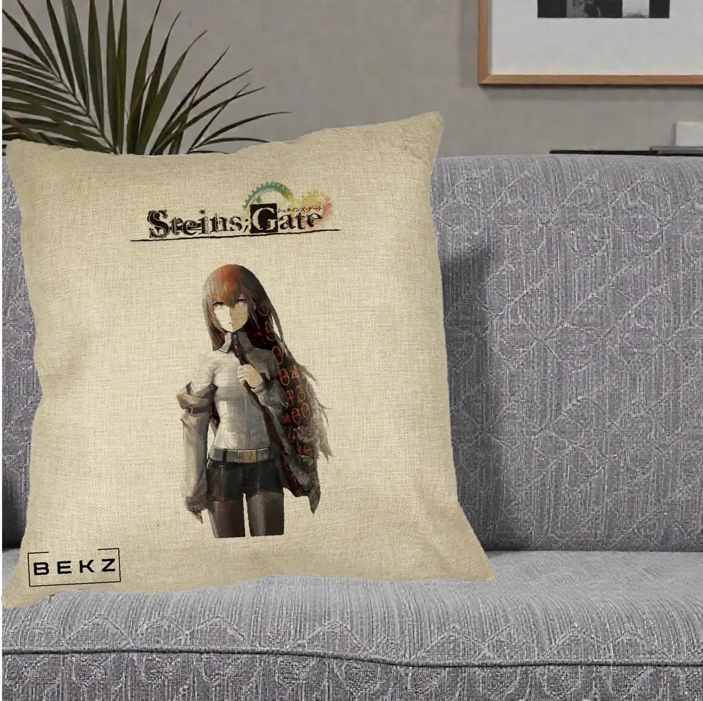 Perna Personalizata Steins Gate Kurisu Makise Anime, 40x40 cm, Crem, Husa Detasabila, Perna Inclusa, BEKZ®