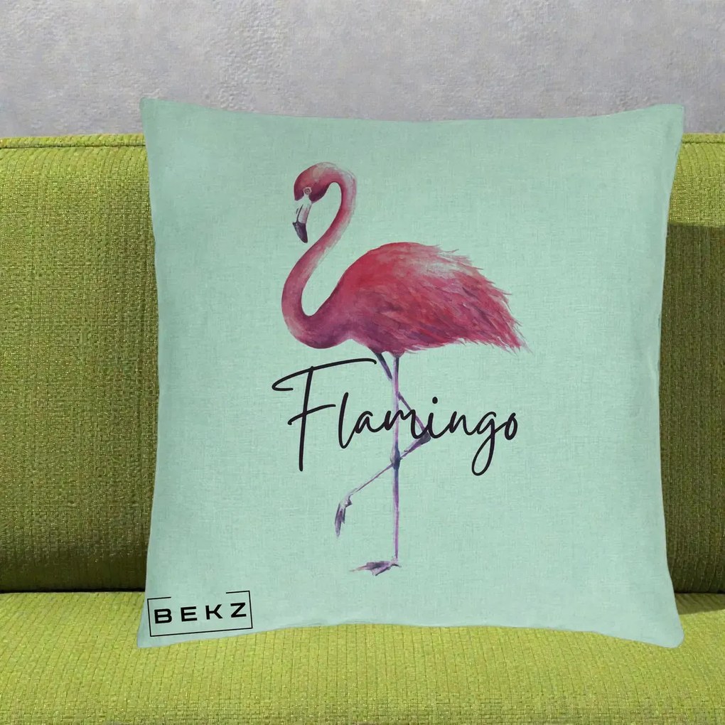 Perna Decorativa Flamingo Acuarela, 40x40 cm, Verde Menta, Husa Detasabila, Perna Inclusa, BEKZ®