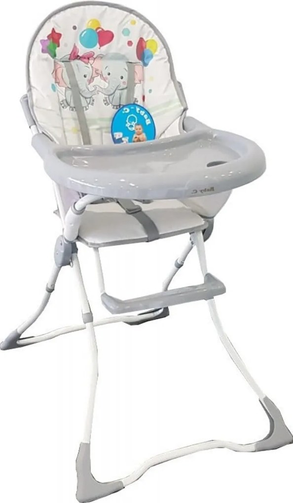Scaun de masa pentru copii si bebe Baby Care™ CH ,Pliabil, Centura de siguranta, Sezut comfortabil, Masuta detasabila, Model Elefanti , Gri