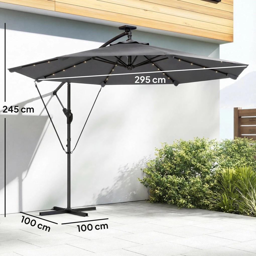 Outsunny Umbrelă Excentrică cu Lumină LED Solară 330x295 cm Umbrelă cu Bază Încrucișată Manivelă Husă Protectoare Gri Închis | Aosom Romania