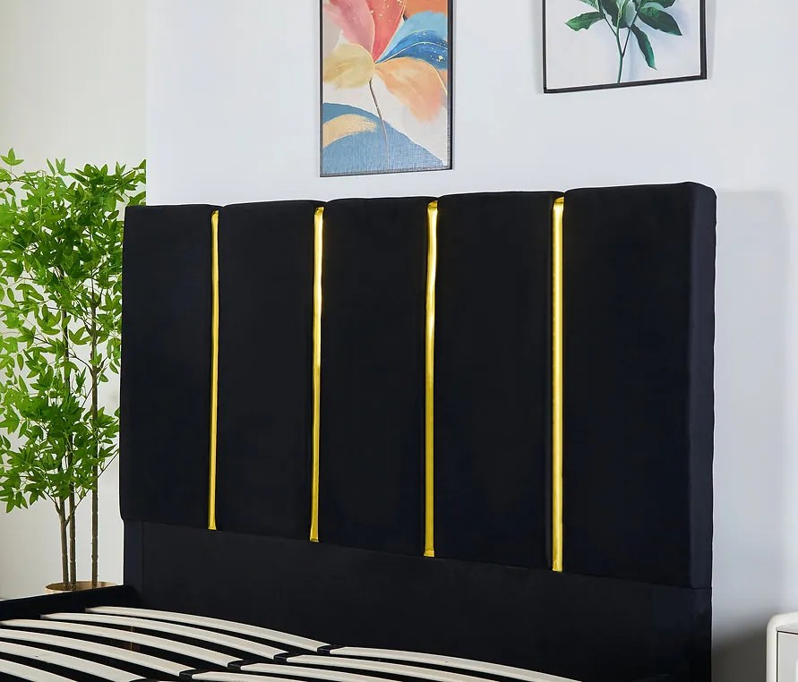 Pat Tapitat Catifea Negru 160x200 cm cu Somiera si Saltea  Inclusa ,   Cod LB-214