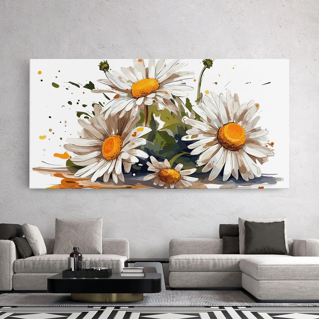 Tablou Canvas, 50x100cm, Dormitor si Living, Flori, Margarete, White Beautiful Daisy